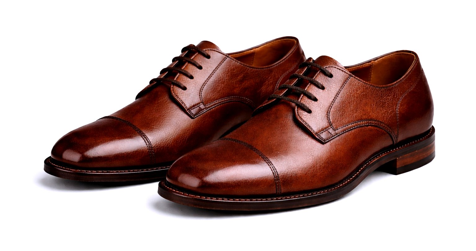 Paar braune Derby-Schuhe aus Leder mit offener Schnürung auf weißem Hintergrund