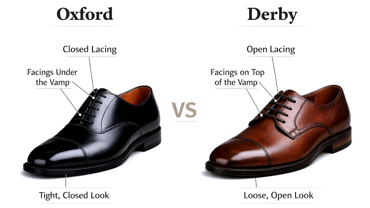 Vergleich von Oxford- und Derby-Schuhen mit Darstellung der geschlossenen und offenen Schnürung